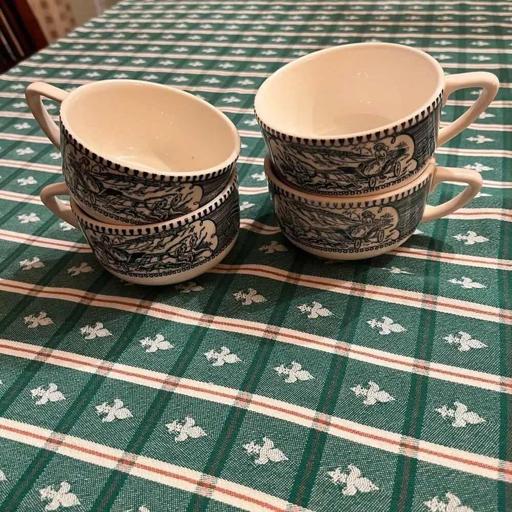 Set of Four Currier & Ives Coffee Cups Horse Buggy Cups Cup Mug Blue Royal China
